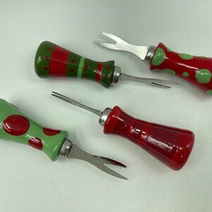 Christmas Cheese Meat Olive Metal Fork Serving SET / 4 Whimsical Red Green Party